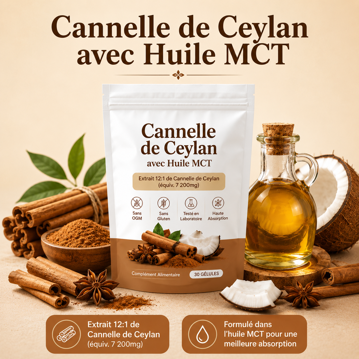 Cannelle de Ceylan – équivalent à 7200 mg – avec huile MCT