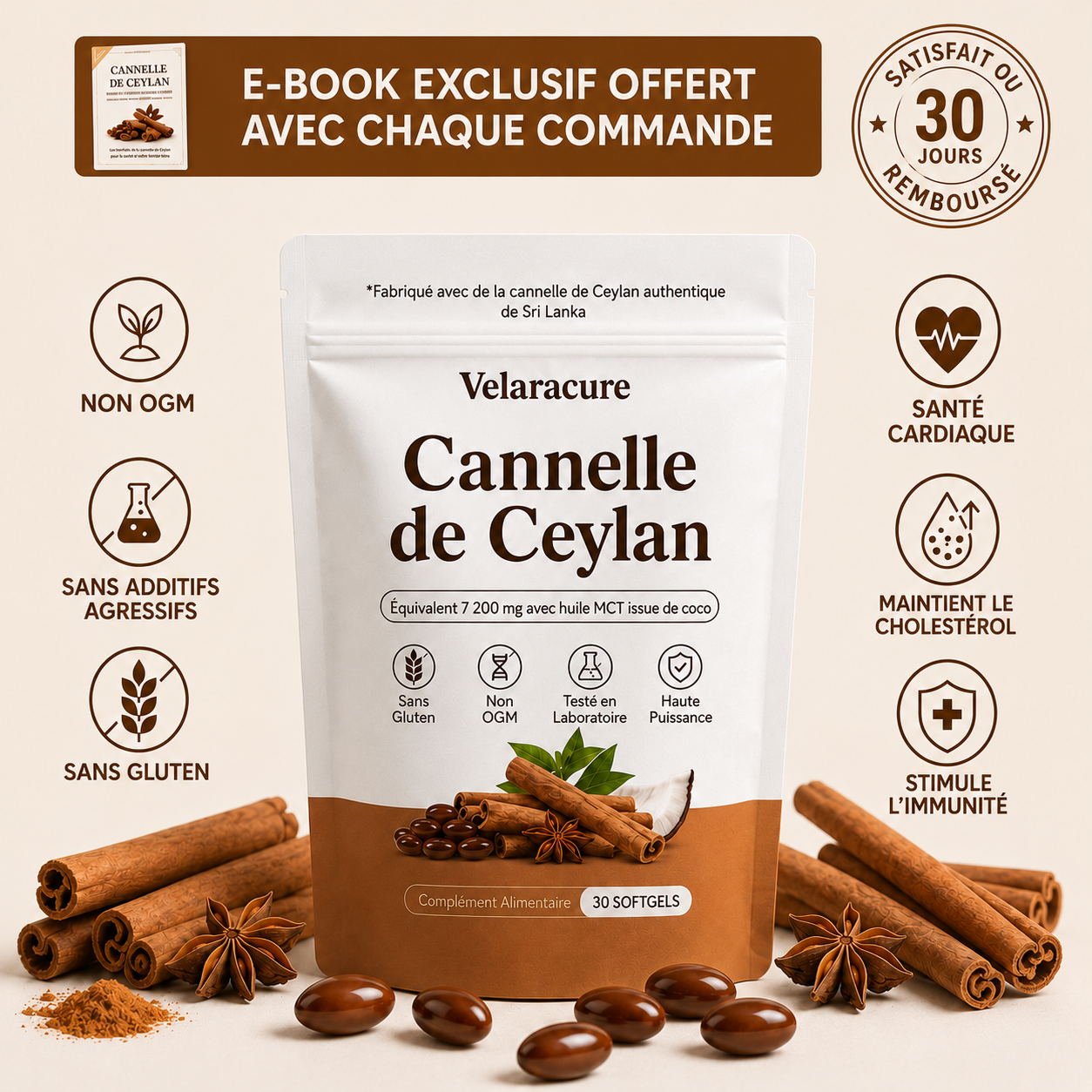 Cannelle de Ceylan – équivalent à 7200 mg – avec huile MCT